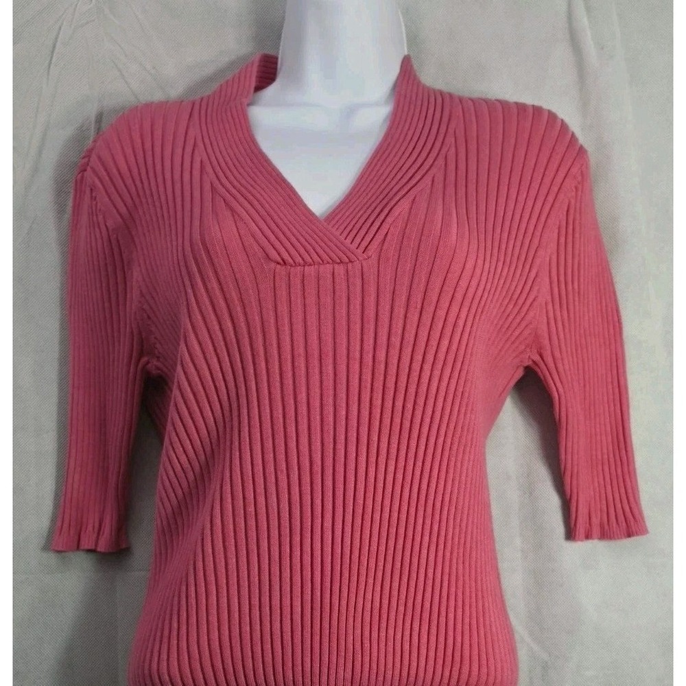 George L 12/14 Pink Knit V Neck Short Sleeve Blouse Ribbed Stretch Sweater EUC